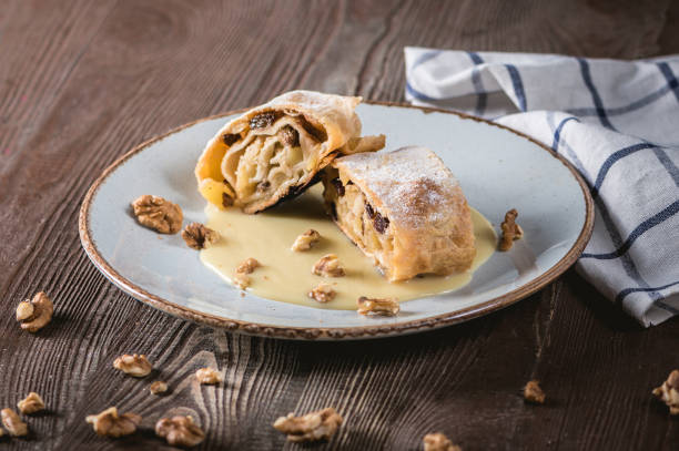 istock Traditional piece of apple strudel with powdered sugar 1223115993
