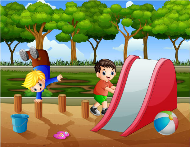 szczęśliwi chłopcy bawiący się na placu zabaw - 11917 stock illustrations