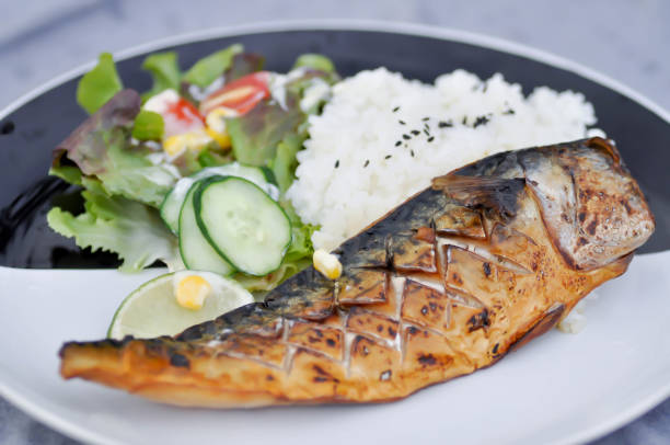 istock grilled blue mackerel, grilled fish or grilled saba and rice 1223118814