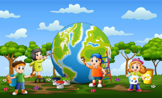 ilustrações de stock, clip art, desenhos animados e ícones de children fixing and painting the globe illustration - 11927