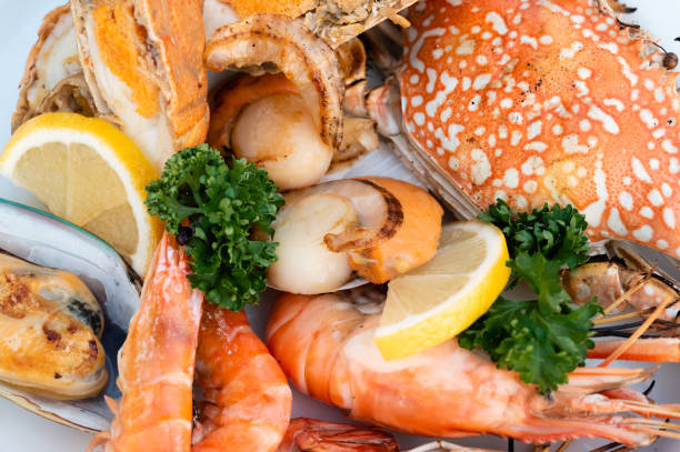 istock Assorted Seafood, prawn scallop crab mussel 1223122376