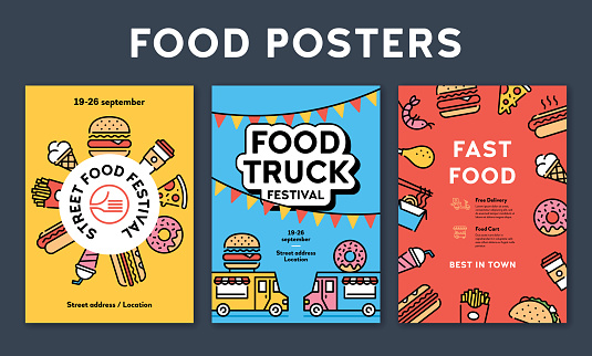 Vector street food banner concept with place for text. Line fastfood poster invite illustrations. Flat take away background templates. Modern icon flyer design for festival, market, party, barbecue