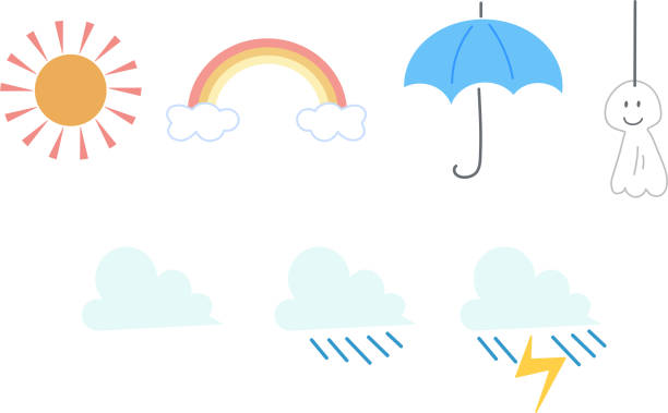 ilustraciones, imágenes clip art, dibujos animados e iconos de stock de conjunto de ilustración del tiempo - rainbow umbrella descriptive color multi colored