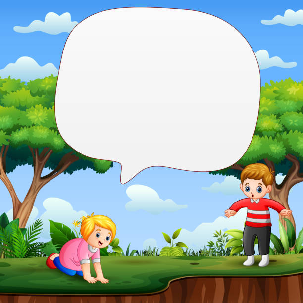 ilustraciones, imágenes clip art, dibujos animados e iconos de stock de texto de burbuja de habla con niños jugando en la naturaleza - 11981