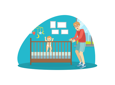 Cheerful Father Entertaining Baby in Cot, Cheerful Dad Spending Good Time with His Child Vector Illustration in Flat Style.