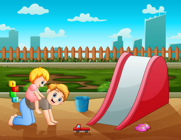 ilustrações de stock, clip art, desenhos animados e ícones de father with his daughter playing in the playground - 11992