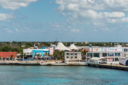 San Miguel de Cozumel, Mexico - April 25, 2019: Cityscape of the main city in the island  of Cozumel, Mexico, Caribbean. View from the cruise ship.