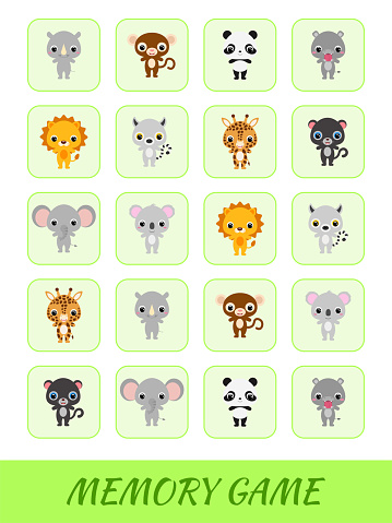 Clipart cards game template find two same pictures. Memory game for kids. Education developing worksheet. Logical thinking training. Set of cute cartoon animals. Vector stock illustration.