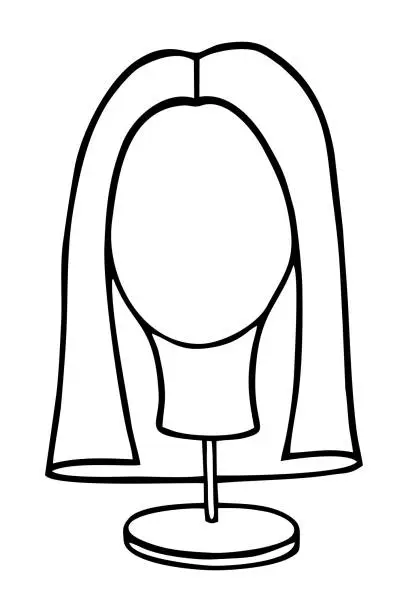 Vector illustration of LINEAR DRAWING OF A WIG ON A MANNEQUIN IN THE DOODLE STYLE