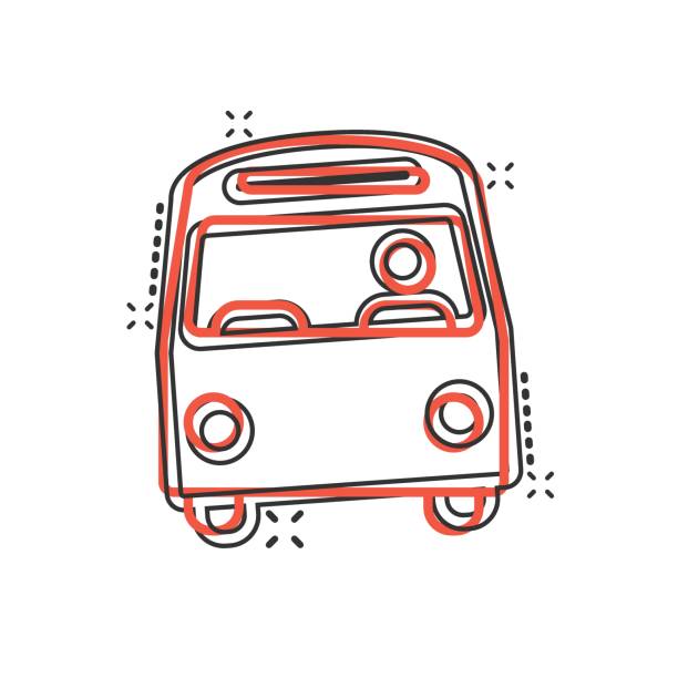 ilustrações de stock, clip art, desenhos animados e ícones de bus icon in comic style. coach cartoon vector illustration on white isolated background. autobus vehicle splash effect business concept. - bus coach bus travel isolated