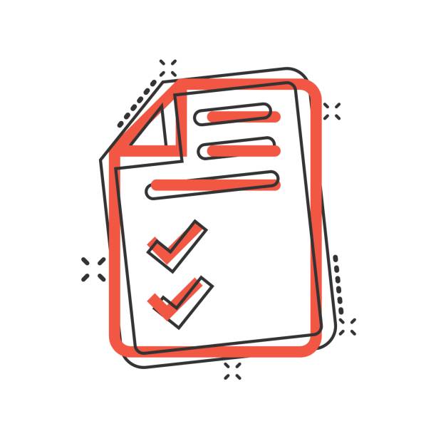 dokument-checklisten-symbol im comic-stil. melden sie cartoon-vektorillustration auf weißem, isoliertem hintergrund. geschäftskonzept mit papierblatt-splash-effekt. - conformity tax checklist clipboard stock-grafiken, -clipart, -cartoons und -symbole