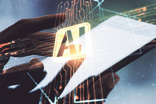 istock Double exposure of creative artificial Intelligence icon with finger clicks on a digital tablet on background. Neural networks and machine learning concept 1223132094