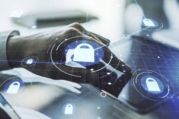 istock Creative lock illustration with microcircuit and finger presses on a digital tablet on background, cyber security concept. Multiexposure 1223132151