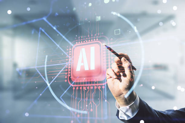 istock Double exposure of businessman hand with pen working with creative artificial Intelligence abbreviation hologram on blurred office background. Future technology and AI concept 1223132784
