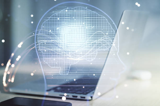 istock Double exposure of creative artificial Intelligence symbol with modern laptop on background. Neural networks and machine learning concept 1223133003