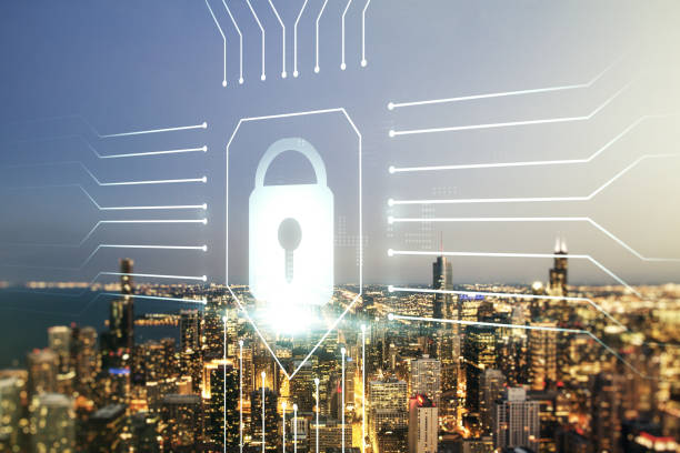 Virtual creative lock symbol and microcircuit illustration on Chicago skyline background. Protection and firewall concept. Multiexposure