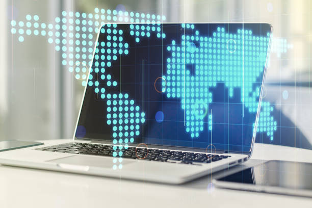 istock Multi exposure of abstract creative digital world map on modern laptop background, tourism and traveling concept 1223133209