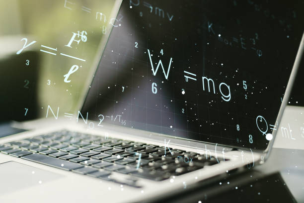 istock Double exposure of creative scientific formula concept on laptop background, research and development concept 1223133315