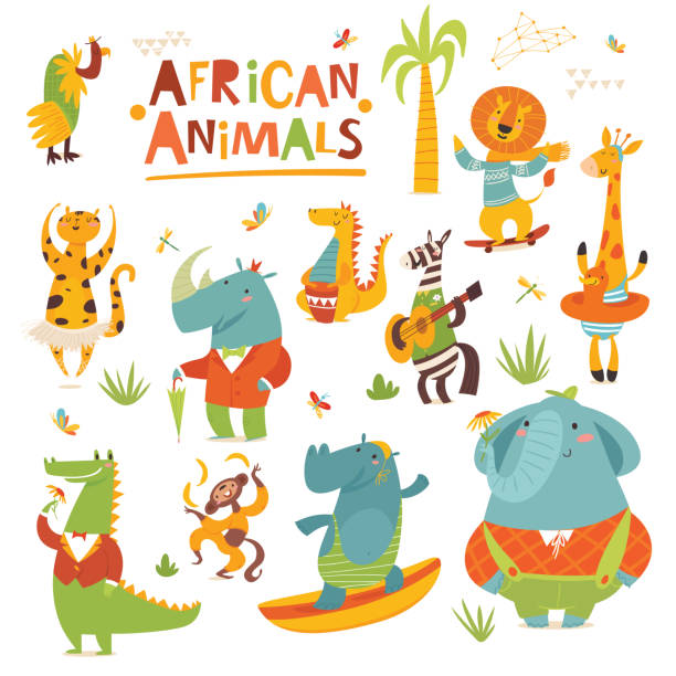 Vector dibujos animados Animales salvajes de Africa personajes divertidos en estilo plano - ilustración de arte vectorial