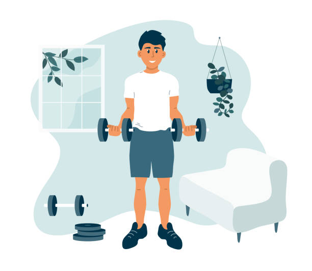 ilustrações de stock, clip art, desenhos animados e ícones de stay at home concept, physical activity and healthy lifestyle - health club gym young men dumbbell