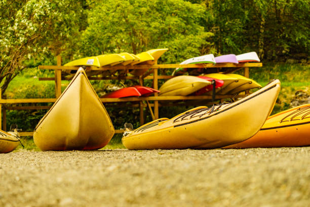 istock Kayaks on water shore. Rental area 1223136937
