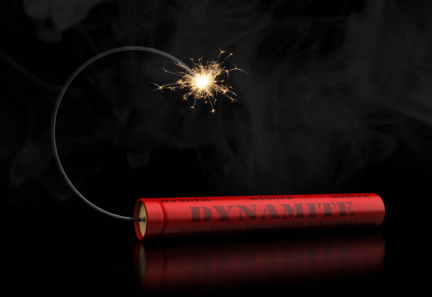 Dynamite stick 3d render of dynamite stick with burning wick on black background dynamite stock pictures, royalty-free photos & images