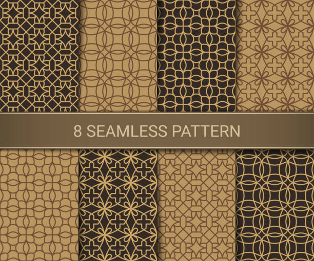 zestaw abstrakcyjnych geometrycznych wzorów bez szwu, ilustracja wektorowa - seamless brown floral pattern arabic style stock illustrations