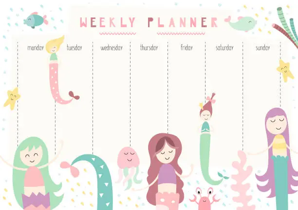 Vector illustration of weekly planner with funny mermaids