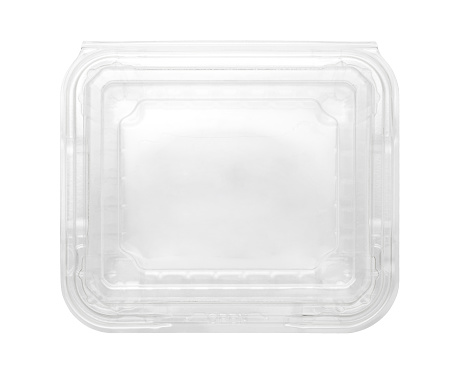 Transparent plastic box isolated on white background. Top view.