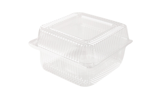 square plastic container on a white background, food packaging, close-up