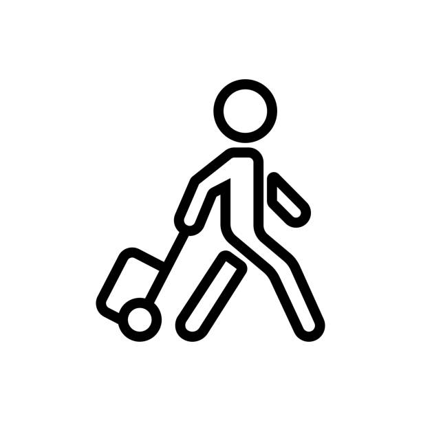 illustrazioni stock, clip art, cartoni animati e icone di tendenza di uomo in movimento con valigia su ruote icona illustrazione contorno vettoriale - valigia a rotelle