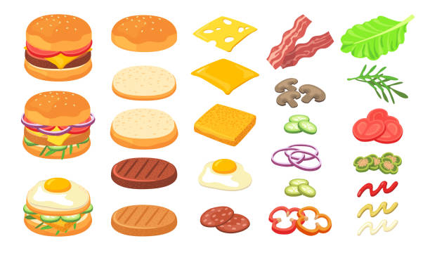 Burger ingredients set Burger ingredients set. Wheat and rye bread, cheese slices, omelet, roasted eggs, ham, bacon, pickles, tomato, lettuce, sauce. Can be used for fast food restaurant, hamburger, cheeseburger concept meat cartoon stock illustrations