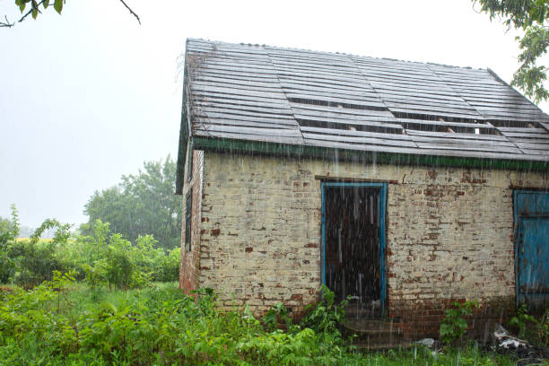 먼 마을의 오래된 버려진 집 근처 폭우. 녹색 자연 - lightning house storm rain 뉴스 사진 이미지