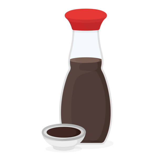 Soy sauce icon with bowl, glass bottle soybean dressing concept isolated on white, cartoon vector illustration. Soy sauce icon with bowl, glass bottle soybean dressing concept isolated on white, cartoon vector illustration. Design flask foodstuff dip. soia sauce stock illustrations