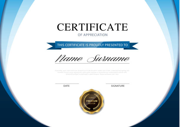 illustrazioni stock, clip art, cartoni animati e icone di tendenza di diploma modello certificato colore blu e oro con immagine vettoriale di lusso e stile moderno. - business document achievement farm