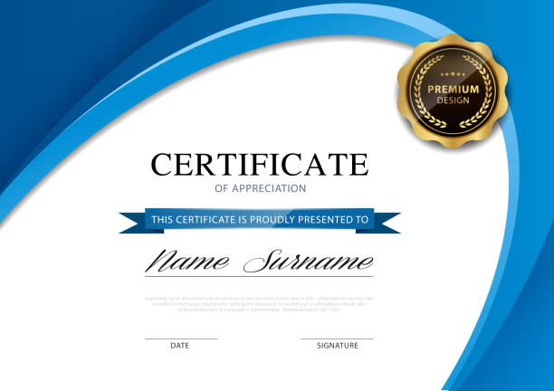 illustrazioni stock, clip art, cartoni animati e icone di tendenza di diploma modello certificato colore blu e oro con immagine vettoriale di lusso e stile moderno. - business document achievement farm