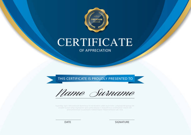 illustrazioni stock, clip art, cartoni animati e icone di tendenza di diploma modello certificato colore blu e oro con immagine vettoriale di lusso e stile moderno. - business document achievement farm