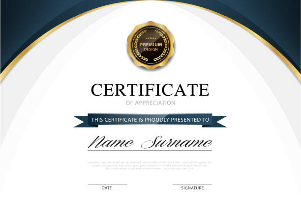 illustrazioni stock, clip art, cartoni animati e icone di tendenza di diploma modello certificato colore blu e oro con immagine vettoriale di lusso e stile moderno. - business document achievement farm