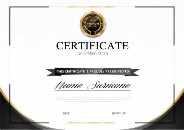 illustrazioni stock, clip art, cartoni animati e icone di tendenza di diploma modello certificato colore nero e oro con immagine vettoriale di lusso e stile moderno. - business document achievement farm