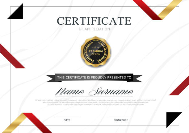 illustrazioni stock, clip art, cartoni animati e icone di tendenza di diploma modello certificato colore rosso e oro con immagine vettoriale di lusso e stile moderno. - business document achievement farm