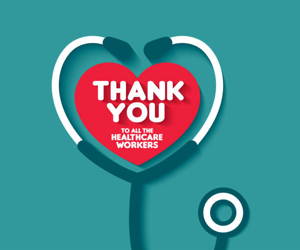 Thank You to all the healthcare workers. Thank you doctors and Nurses. Thank you heroes. Red heart with text thank you and stethoscope, greeting doctor with medical holiday. Thank You to all the healthcare workers. Thank you doctors and Nurses and medical personnel team for fighting the coronavirus. Vector illustration. caregivers day stock illustrations