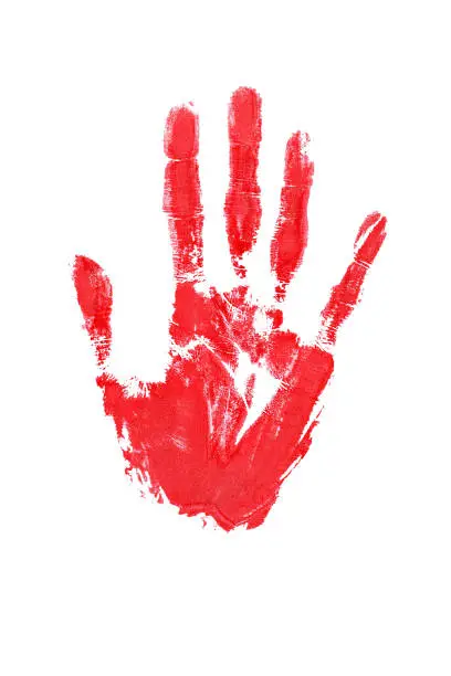 Photo of Red watercolor print of human hand on white background isolated close up, handprint illustration, colorful palm and fingers silhouette mark, one hand shape painted stamp, stop sign, drawing imprint