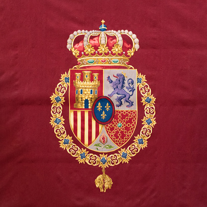 Madrid, Spain - 13 February 2020: Typical old coat of arms of the times of the Spanish monarchy.