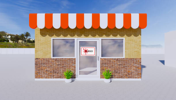 istock 3d rendering of storefront and closed sign due to coronavirus problem. 1223153709