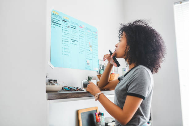 Where should I start! Shot of a young woman marking something on a poster on her wall at home chores stock pictures, royalty-free photos & images