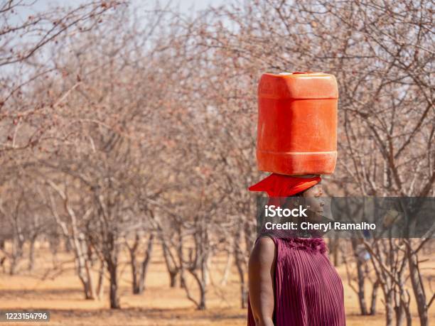 An African woman walking back to her rural village, carrying a jerry can of drinking water on her head.