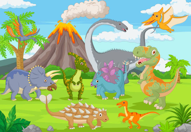 ilustraciones, imágenes clip art, dibujos animados e iconos de stock de grupo de dinosaurios divertidos en la selva - tyrannosaur