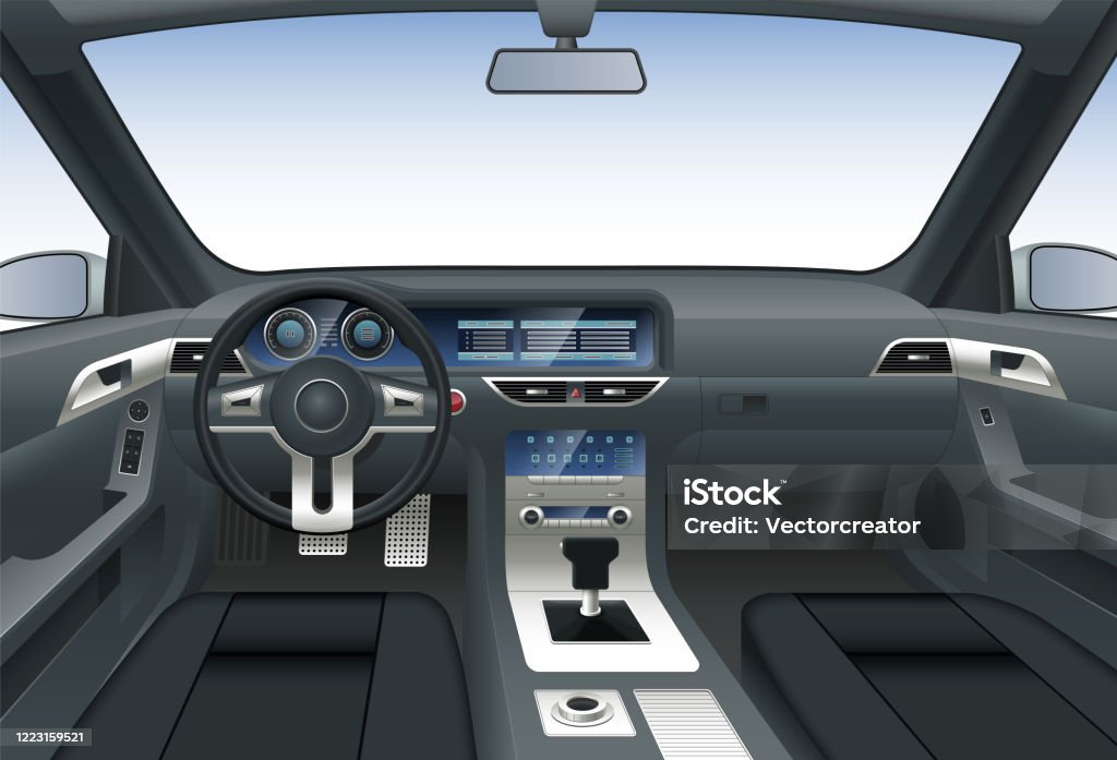 Vector Car Interior View From Drivers Seat At Steering Wheel Car Dashboard With Multimedia Screen Gear Lever Windshield With Rear View Mirrors Vector Illustration Stock Illustration - Download Image Now - iStock Vector Car Interior View From Drivers Seat At Steering Wheel Car Dashboard With Multimedia Screen Gear Lever Windshield With Rear View Mirrors Vector Illustration Stock Illustration - Download Image Now - Istock