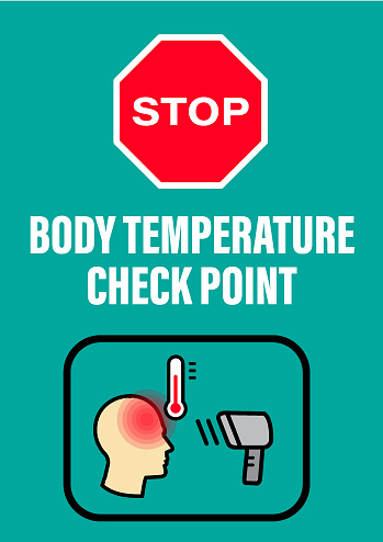 Vector Sign of a temperature gun being used to check the temperature of a persons head. EPS vector file 10.