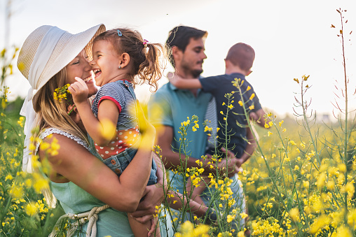Young happy family having fun in the middle of yellow flowers field on a sunset. Woman is pregnant. Father is carrying son, while mother is carrying daughter. Focus on a mother and daughter.